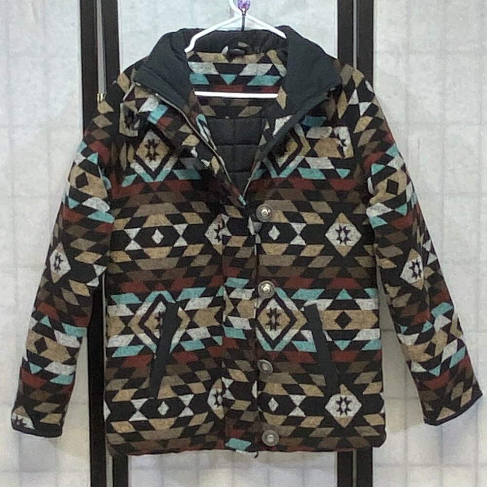Cruel Denim Aztec Southwest Blanket Print Puff Lined Jacket Concho Western Boho